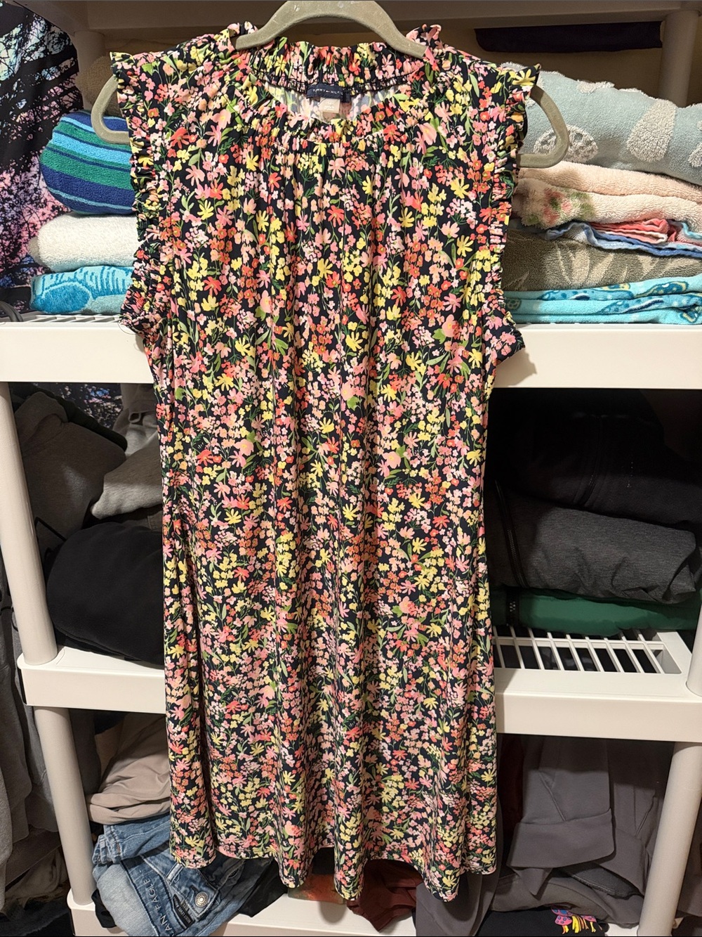 Tommy Hilfiger Floral Sleeveless A-Line Dress - Black with Pink & Yellow Flowers
